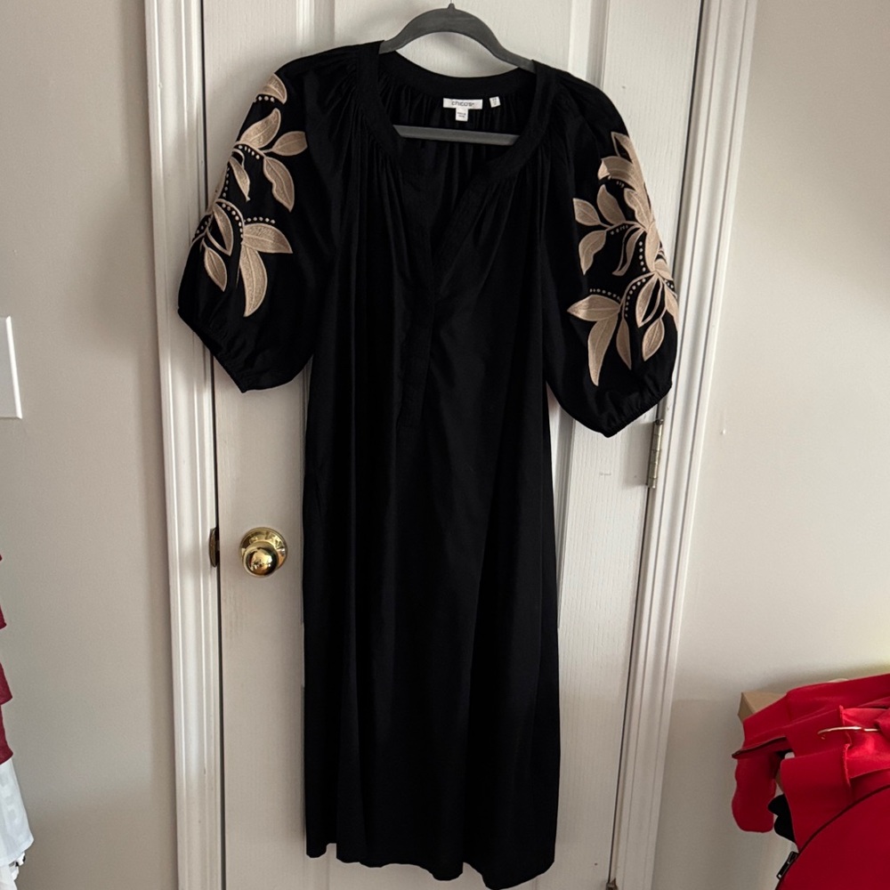 Chico's Black Midi Dress with Tan Leaf Embroidery